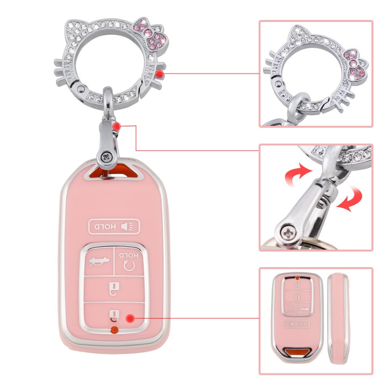Pangpai Pink Key Fob Cover for Honda, Soft TPU Key Case Protection with Bling Keychain Fit for Honda Accord Civic CRV Pilot Odyssey Smart Key Holder - Image 4
